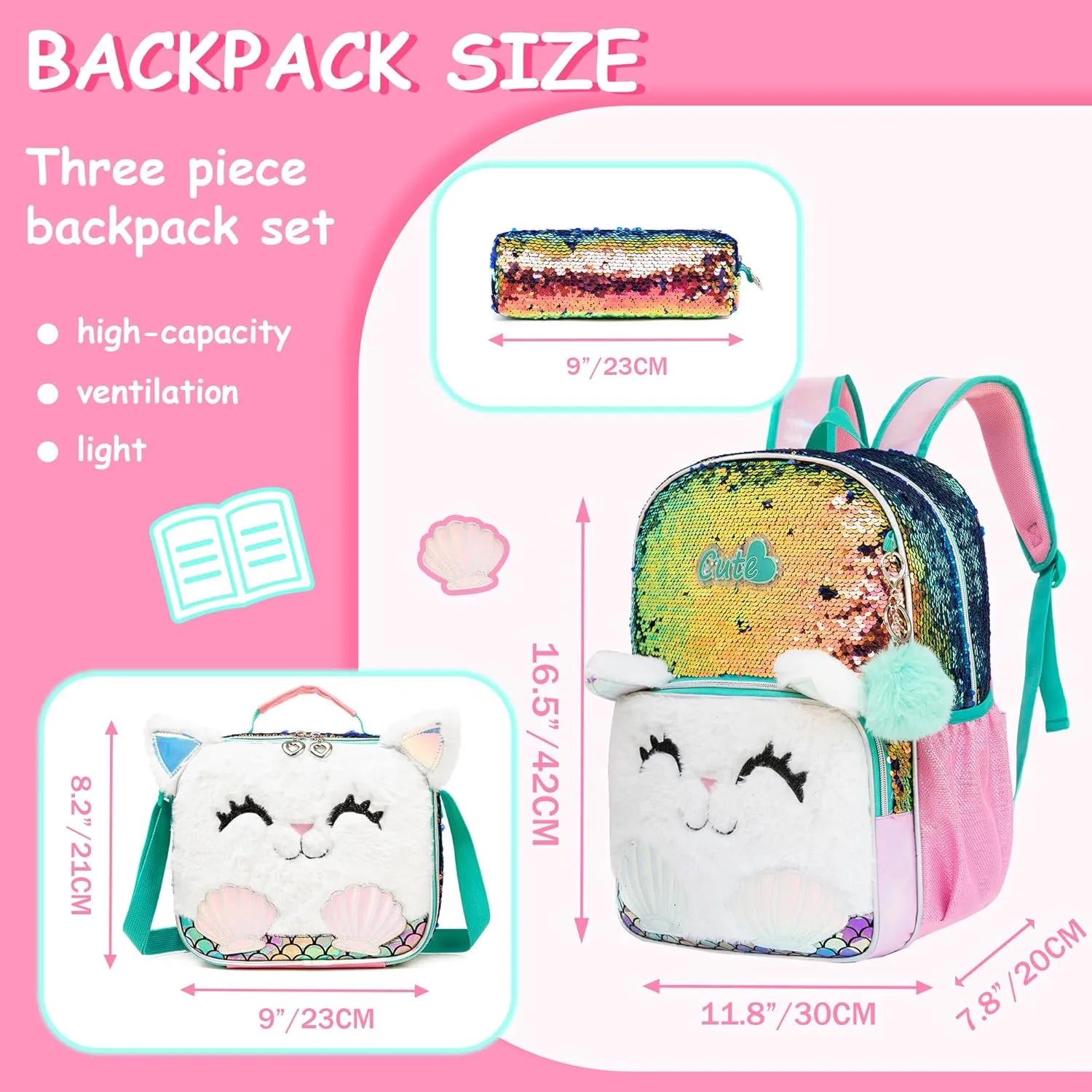 Meetbelify Cute Cat Sequin Backpack for Girls - 3 in 1 Set with Lunch Box & Pencil Case - Ages 8-10