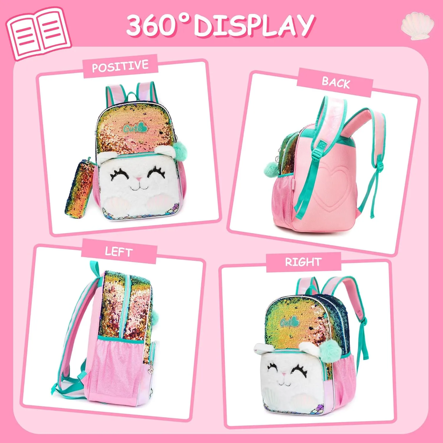 Meetbelify Cute Cat Sequin Backpack for Girls - 3 in 1 Set with Lunch Box & Pencil Case - Ages 8-10