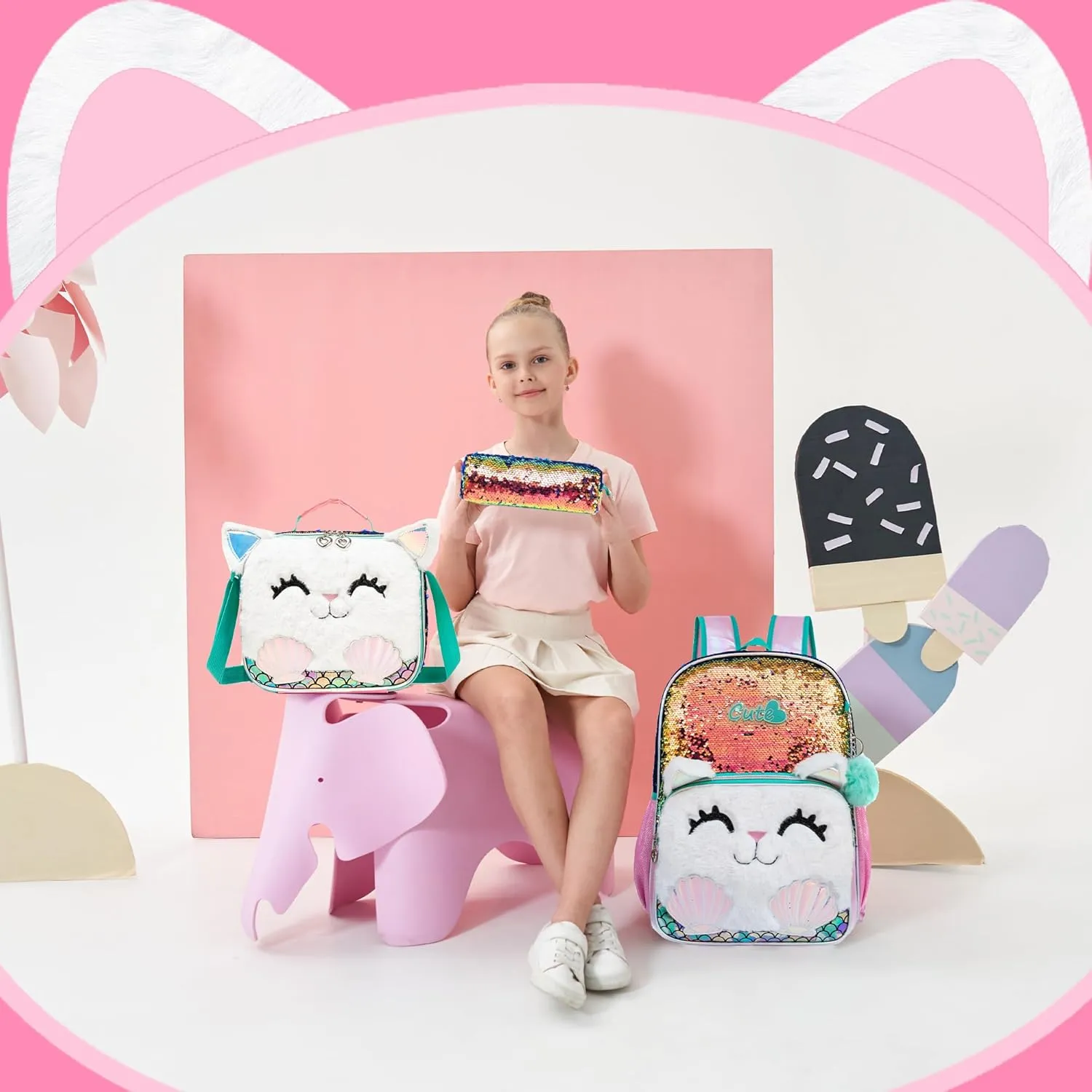 Meetbelify Cute Cat Sequin Backpack for Girls - 3 in 1 Set with Lunch Box & Pencil Case - Ages 8-10