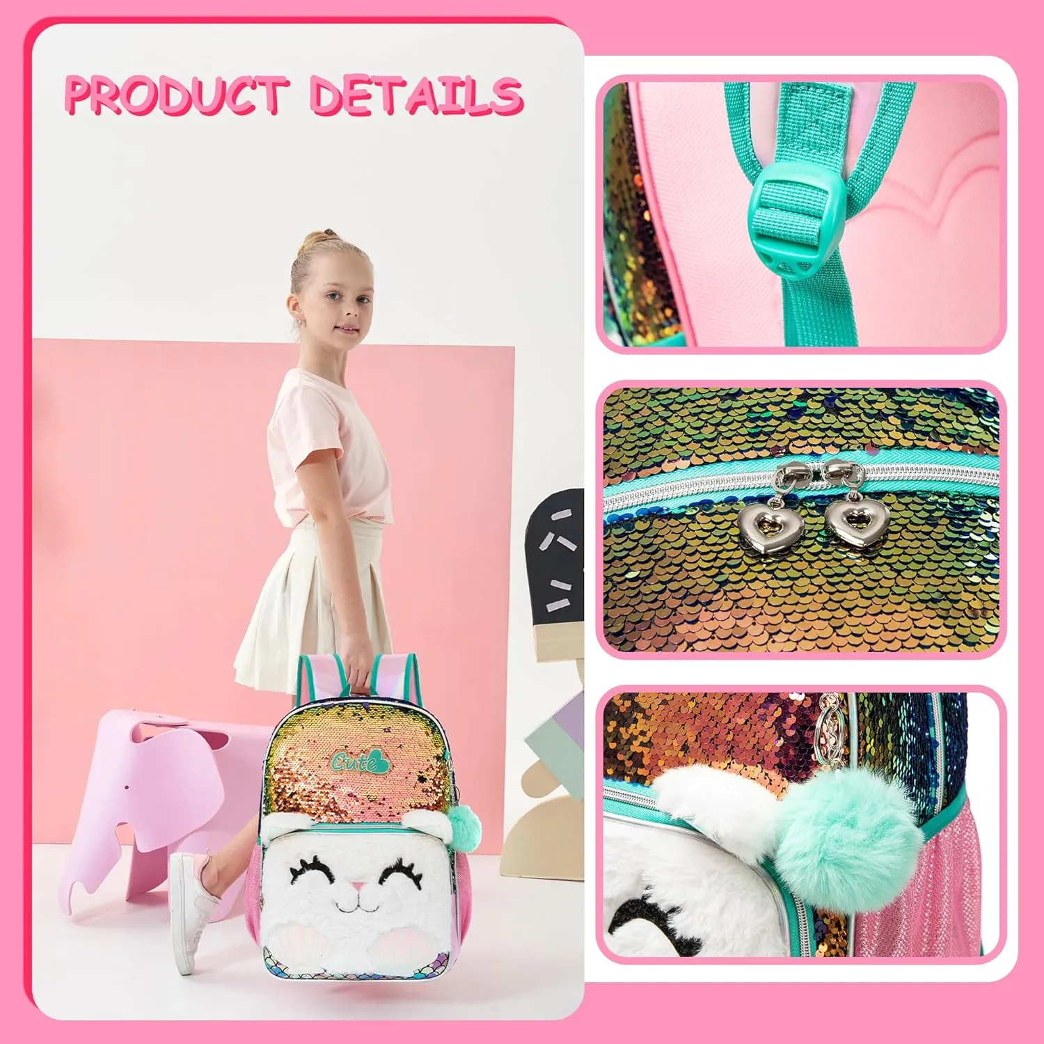 Meetbelify Cute Cat Sequin Backpack for Girls - 3 in 1 Set with Lunch Box & Pencil Case - Ages 8-10