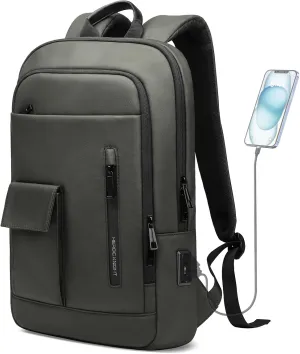 Mens Backpack Slim Business Backpack with USB Charging Port Lightweight Computer Backpacks for 17.3 Inch Laptop Bag Water-Resistant Anti-Theft Daypack for Daily Office Work College Travel-Green