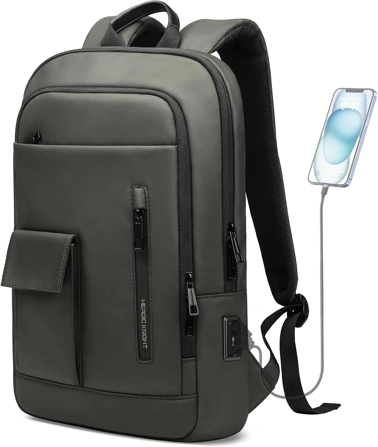 Mens Backpack Slim Business Backpack with USB Charging Port Lightweight Computer Backpacks for 17.3 Inch Laptop Bag Water-Resistant Anti-Theft Daypack for Daily Office Work College Travel-Green