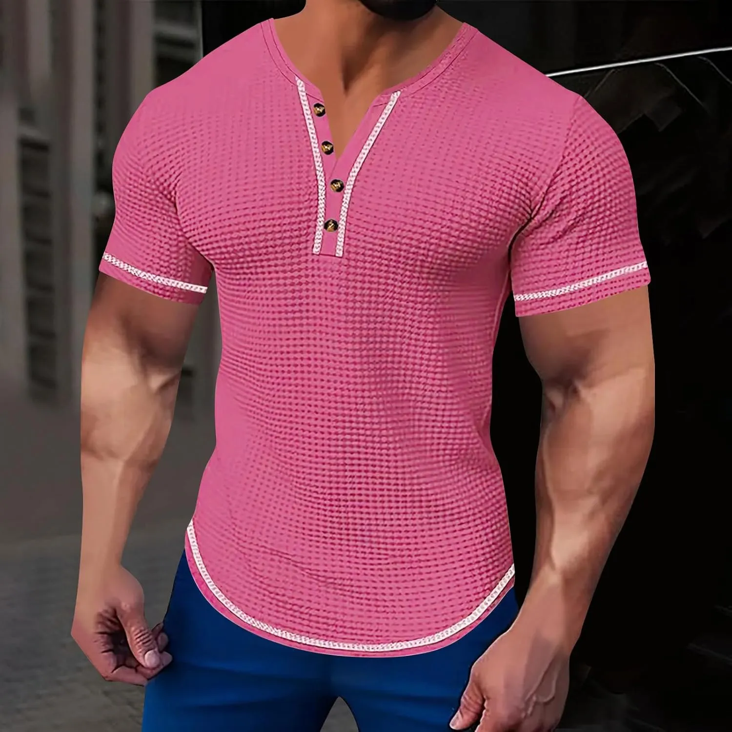 Mens Henley Shirts Short Sleeve V Neck Casual T-Shirt Button Collared Basic Fashion Summer Beach Tee Tops Slim Fit