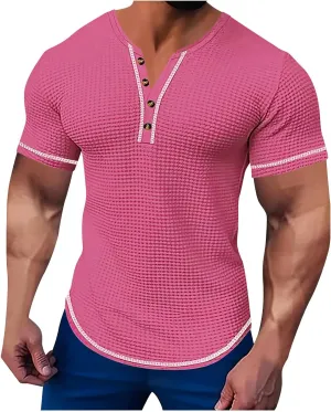 Mens Henley Shirts Short Sleeve V Neck Casual T-Shirt Button Collared Basic Fashion Summer Beach Tee Tops Slim Fit