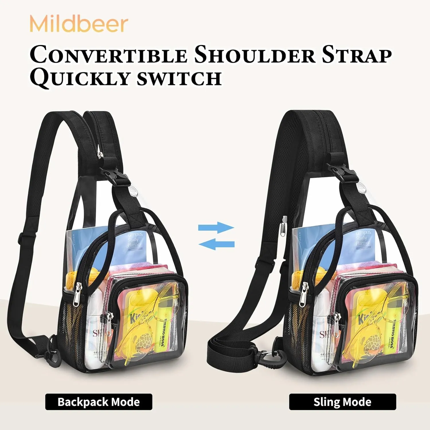 Mildbeer Mini Clear Backpack for Women - 2-in-1 Convertible Sling & Shoulder Bag, Stadium Approved Clear Festival Purse for Concerts & Daily, Black