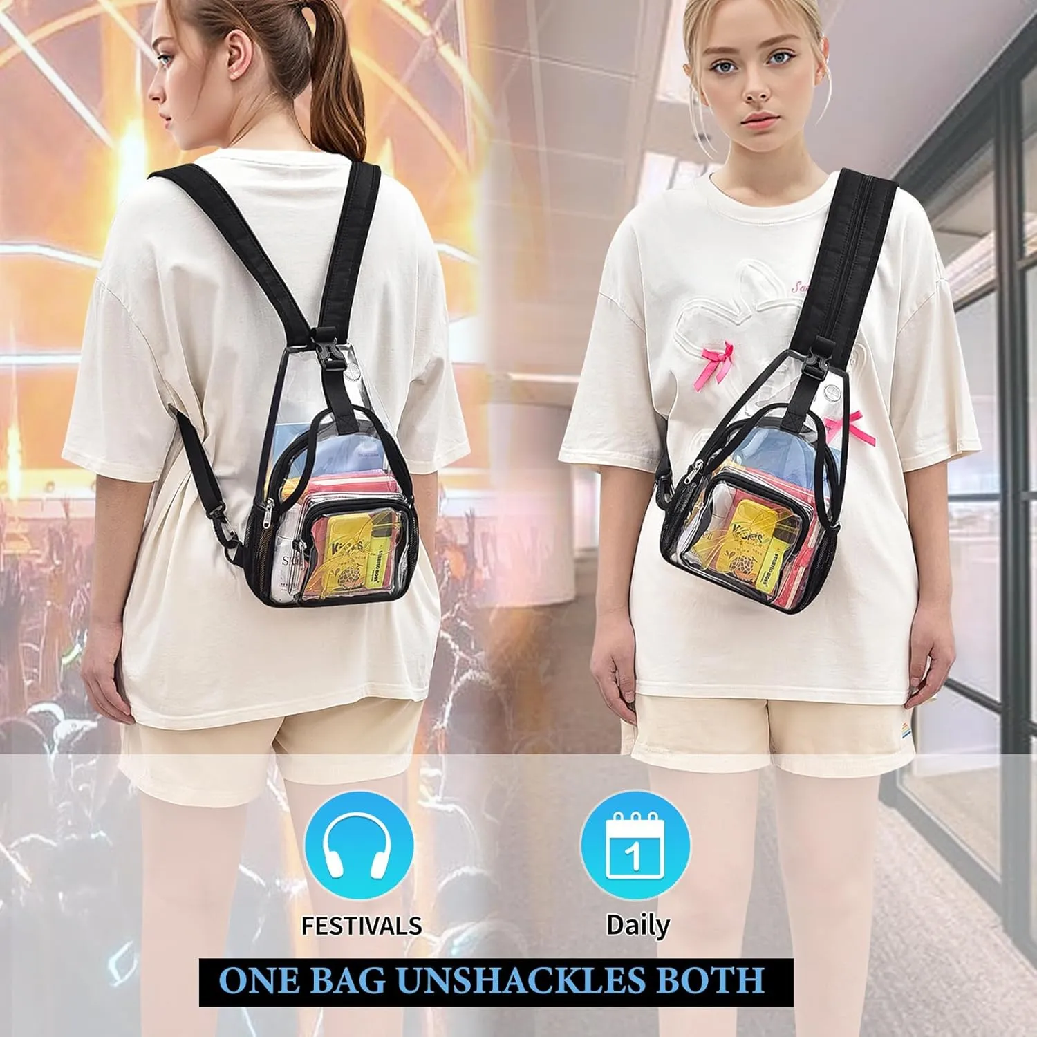 Mildbeer Mini Clear Backpack for Women - 2-in-1 Convertible Sling & Shoulder Bag, Stadium Approved Clear Festival Purse for Concerts & Daily, Black