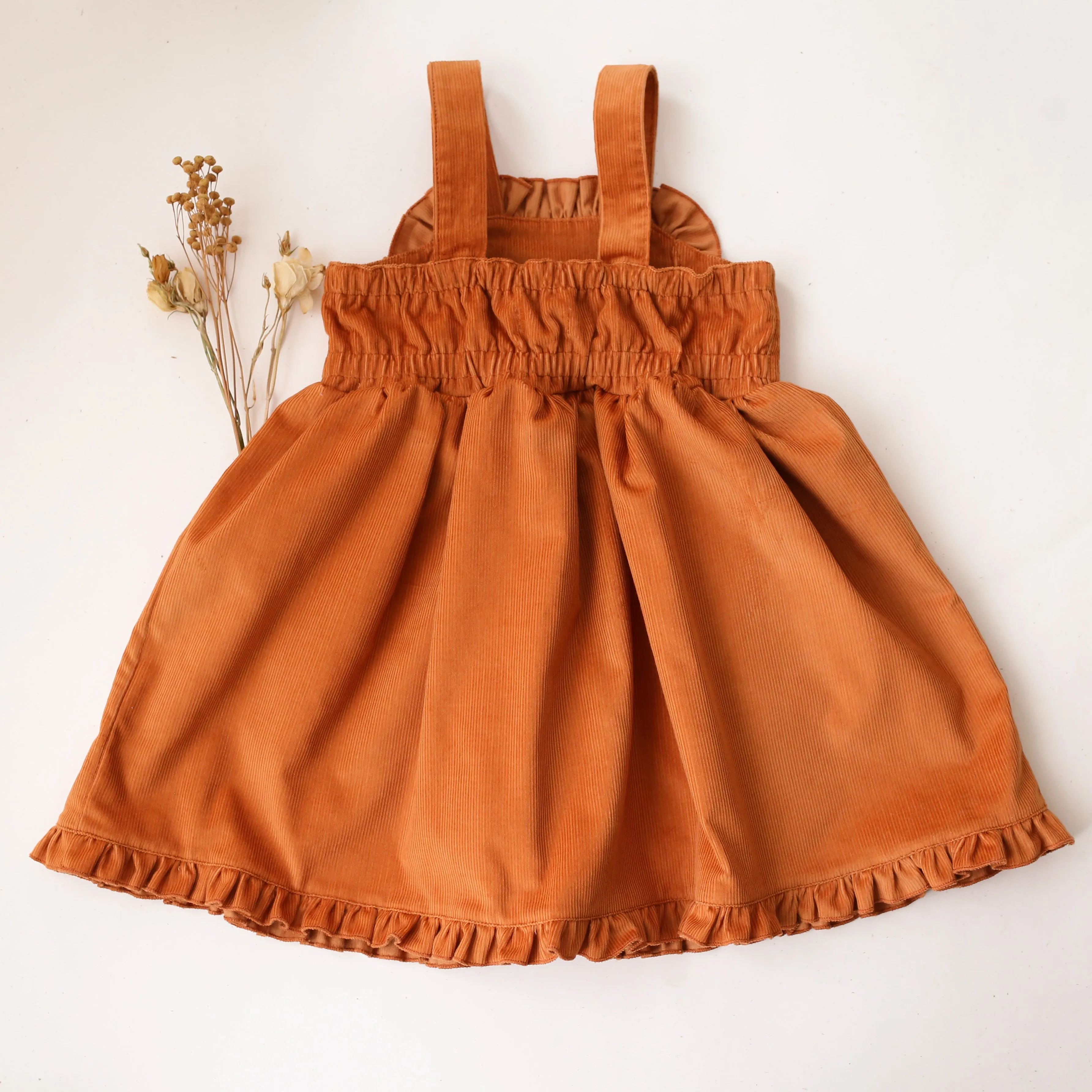Ochre Corduroy Ruffle Bib Pinafore Dress