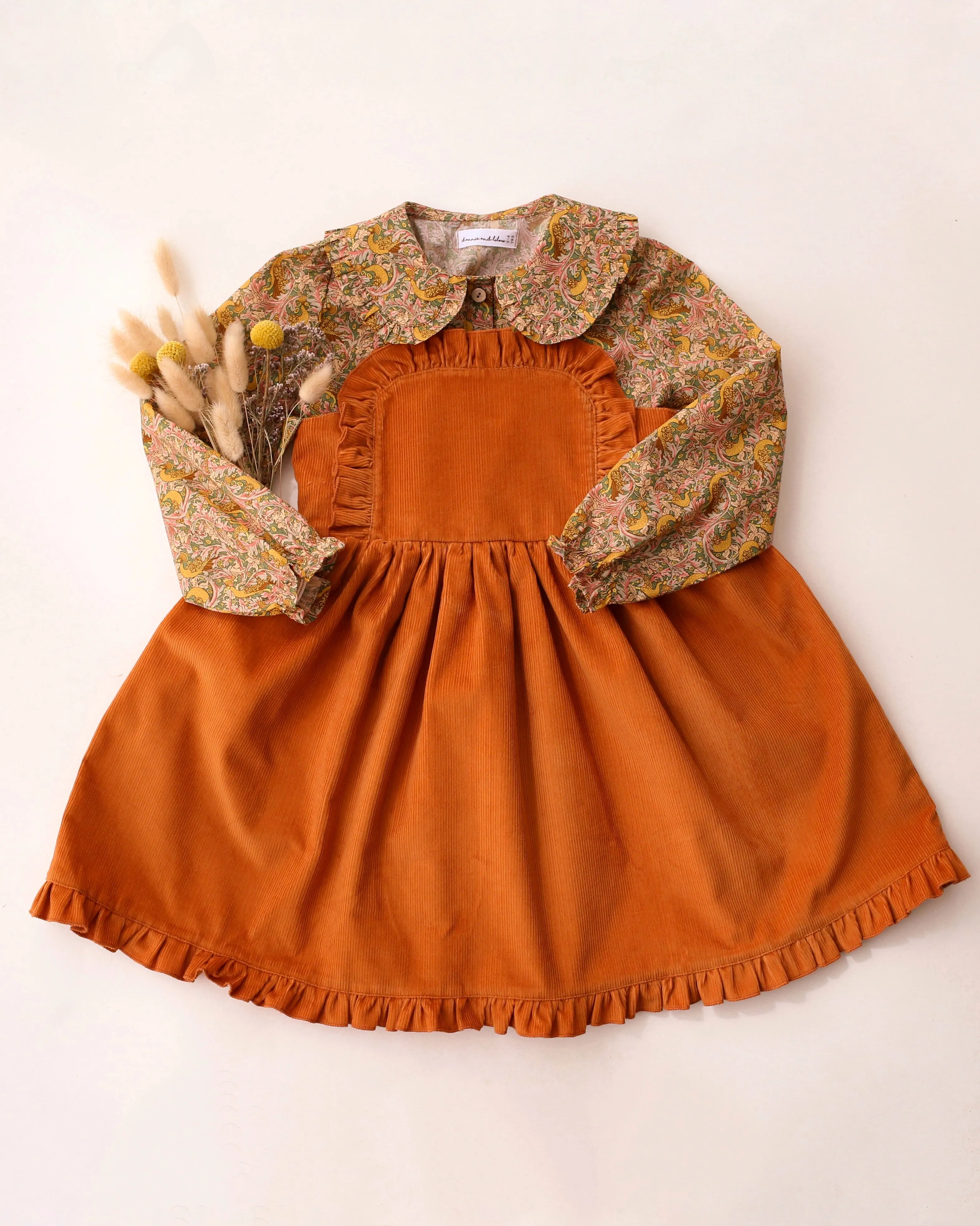 Ochre Corduroy Ruffle Bib Pinafore Dress