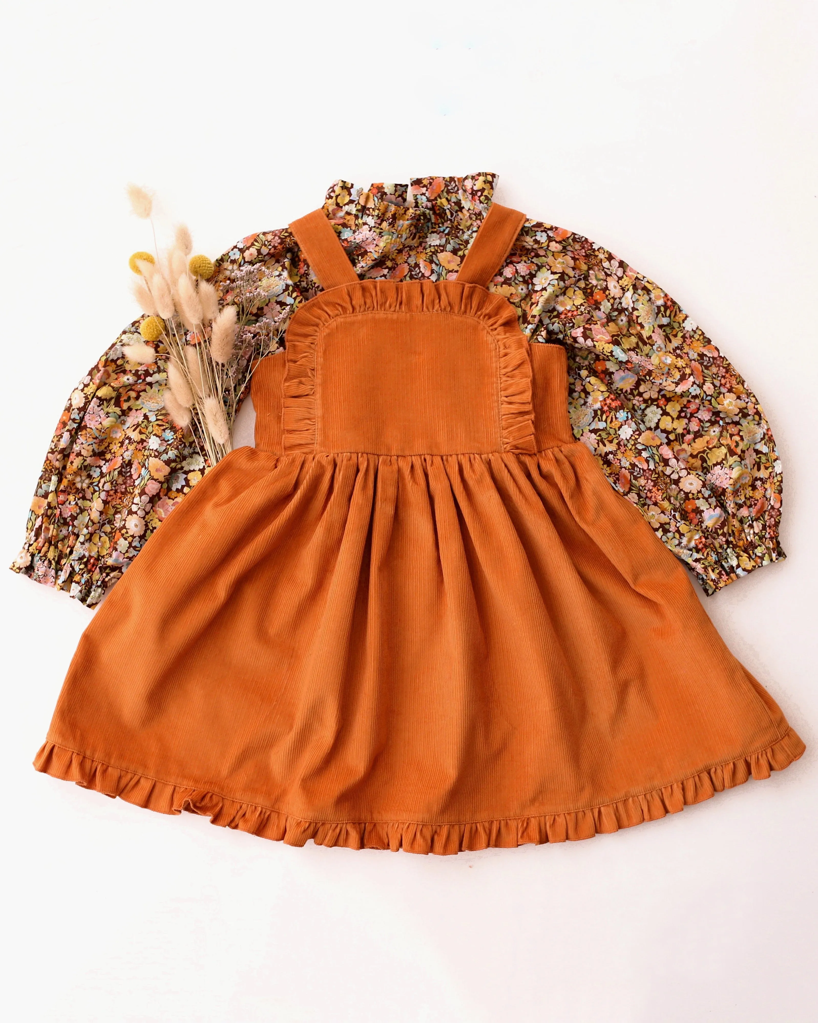 Ochre Corduroy Ruffle Bib Pinafore Dress