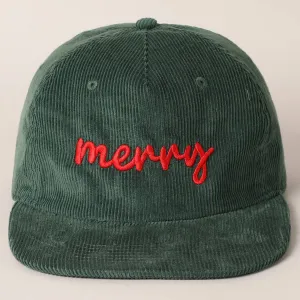 "Merry" Embroidered Green Corduroy Cap