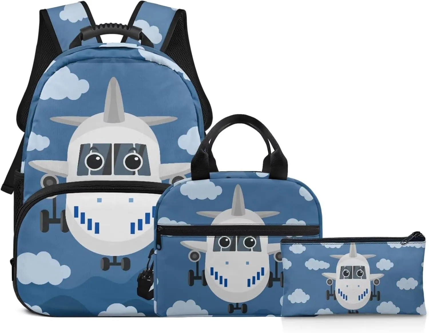 School Backpack for Teens Girls Boys, Airplane 3 In 1 Bookbag Schoolbag for Elementary Middle School with Lunch Box Pencil Case