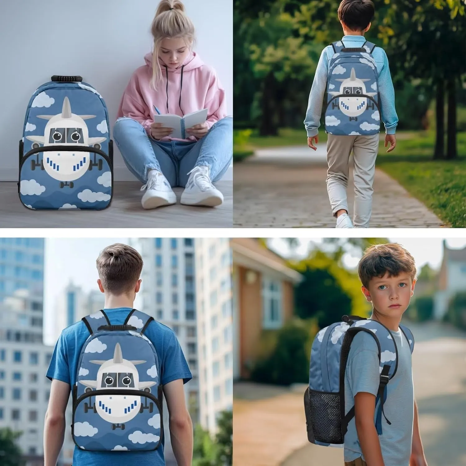 School Backpack for Teens Girls Boys, Airplane 3 In 1 Bookbag Schoolbag for Elementary Middle School with Lunch Box Pencil Case