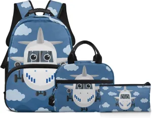 School Backpack for Teens Girls Boys, Airplane 3 In 1 Bookbag Schoolbag for Elementary Middle School with Lunch Box Pencil Case