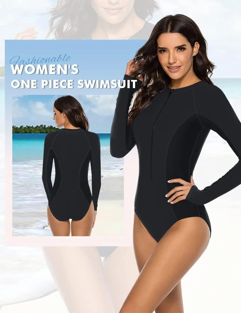 SELINK Women's Long Sleeve Rash Guard UV Protection Zipper Printed Surfing One Piece Swimsuit Bathing Suit