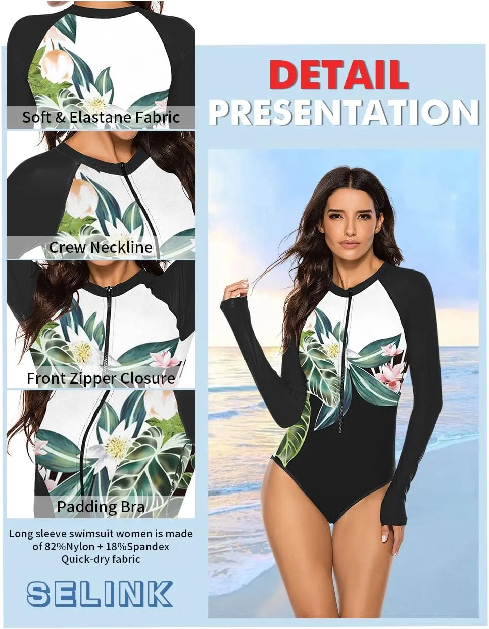 SELINK Women's Long Sleeve Rash Guard UV Protection Zipper Printed Surfing One Piece Swimsuit Bathing Suit