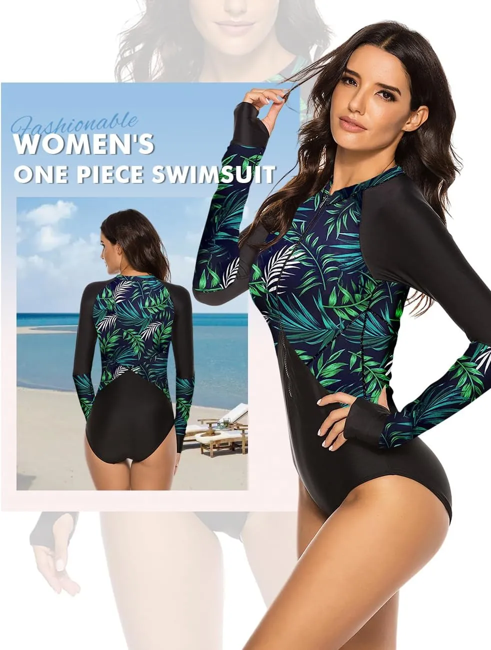 SELINK Women's Long Sleeve Rash Guard UV Protection Zipper Printed Surfing One Piece Swimsuit Bathing Suit