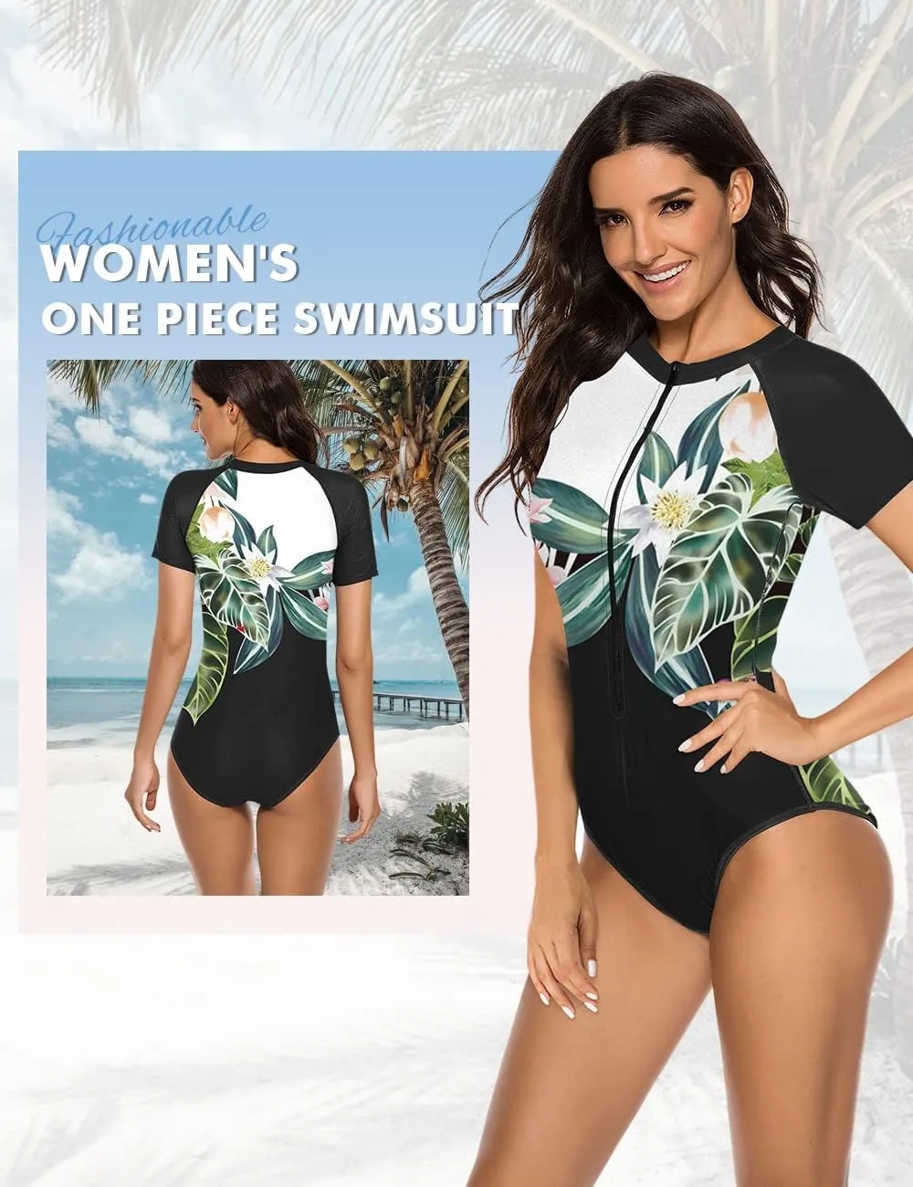 SELINK Women's Long Sleeve Rash Guard UV Protection Zipper Printed Surfing One Piece Swimsuit Bathing Suit