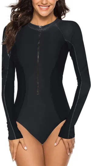 SELINK Women's Long Sleeve Rash Guard UV Protection Zipper Printed Surfing One Piece Swimsuit Bathing Suit