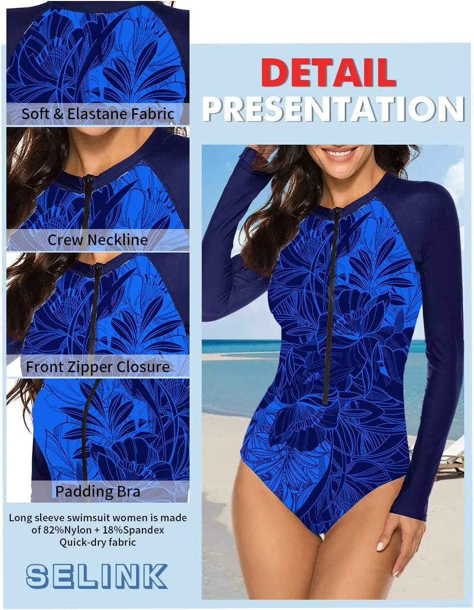 SELINK Women's Long Sleeve Rash Guard UV Protection Zipper Printed Surfing One Piece Swimsuit Bathing Suit