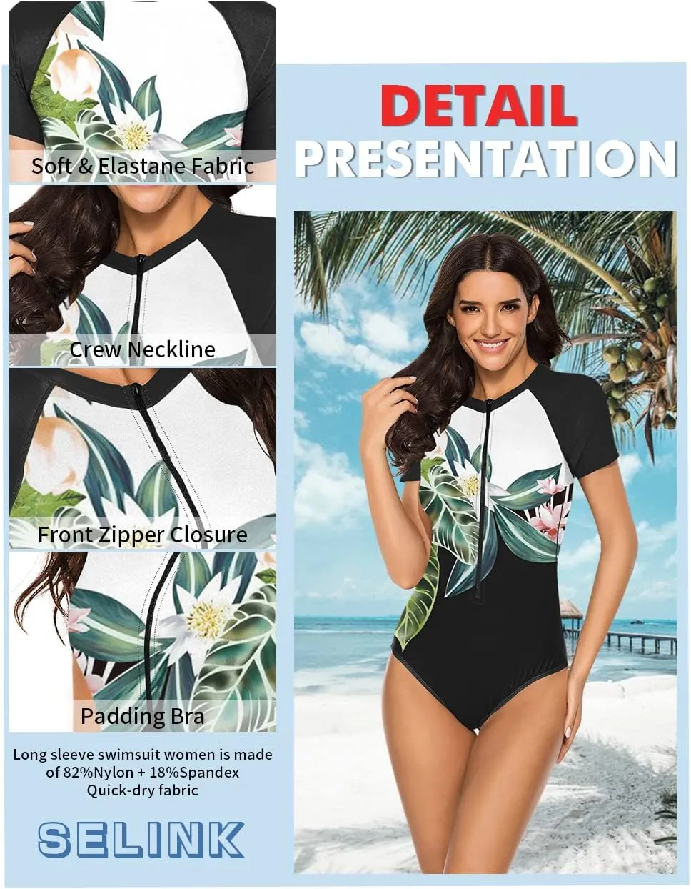 SELINK Women's Long Sleeve Rash Guard UV Protection Zipper Printed Surfing One Piece Swimsuit Bathing Suit