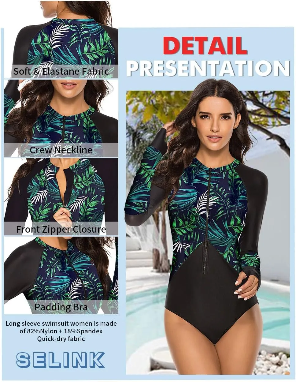 SELINK Women's Long Sleeve Rash Guard UV Protection Zipper Printed Surfing One Piece Swimsuit Bathing Suit