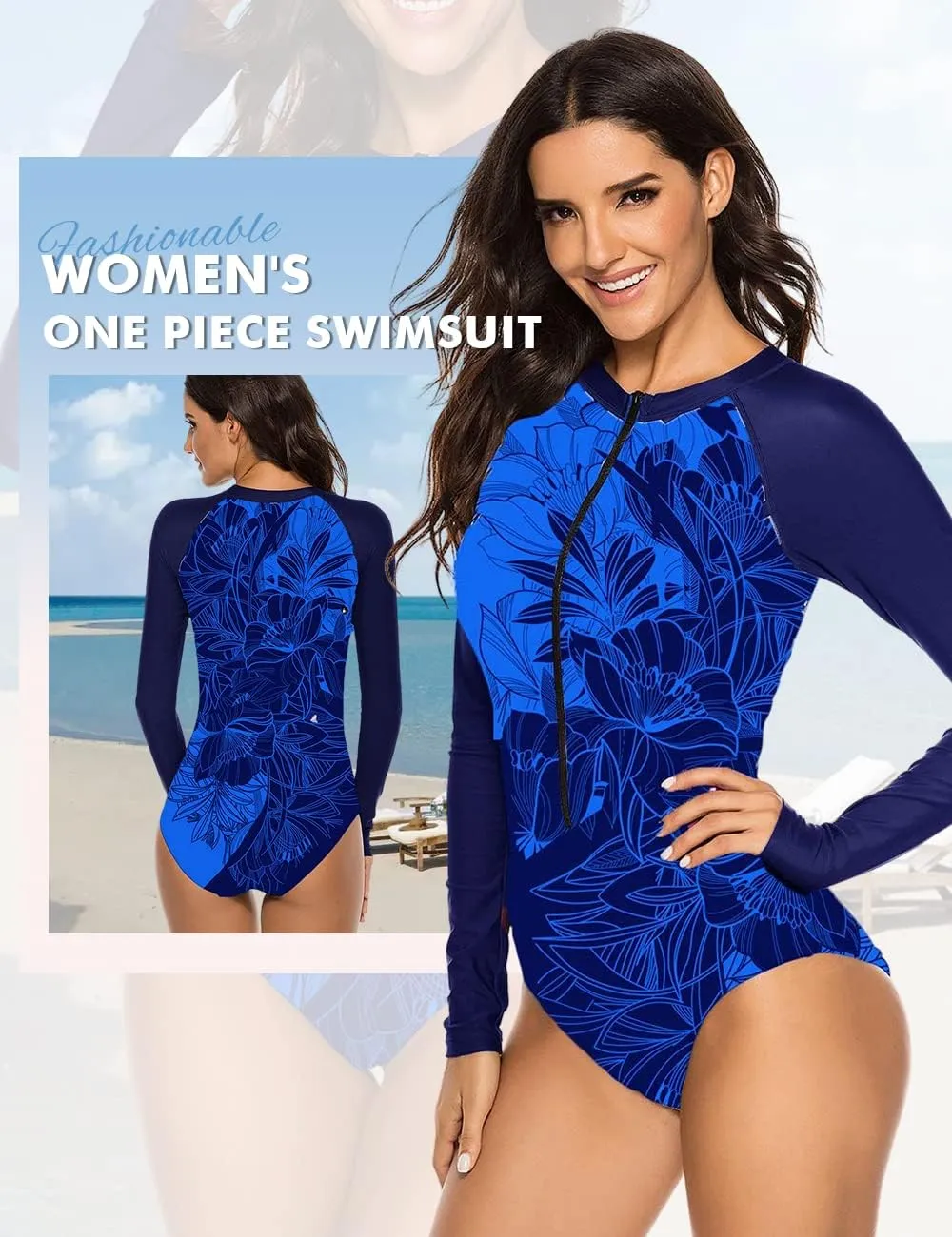 SELINK Women's Long Sleeve Rash Guard UV Protection Zipper Printed Surfing One Piece Swimsuit Bathing Suit