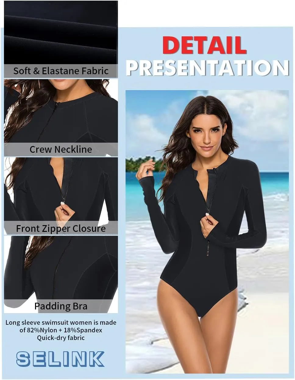 SELINK Women's Long Sleeve Rash Guard UV Protection Zipper Printed Surfing One Piece Swimsuit Bathing Suit