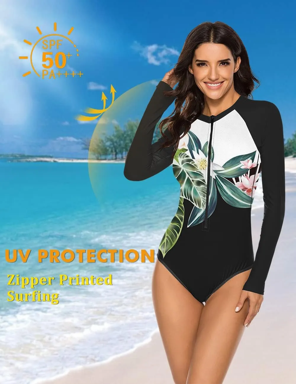 SELINK Women's Long Sleeve Rash Guard UV Protection Zipper Printed Surfing One Piece Swimsuit Bathing Suit
