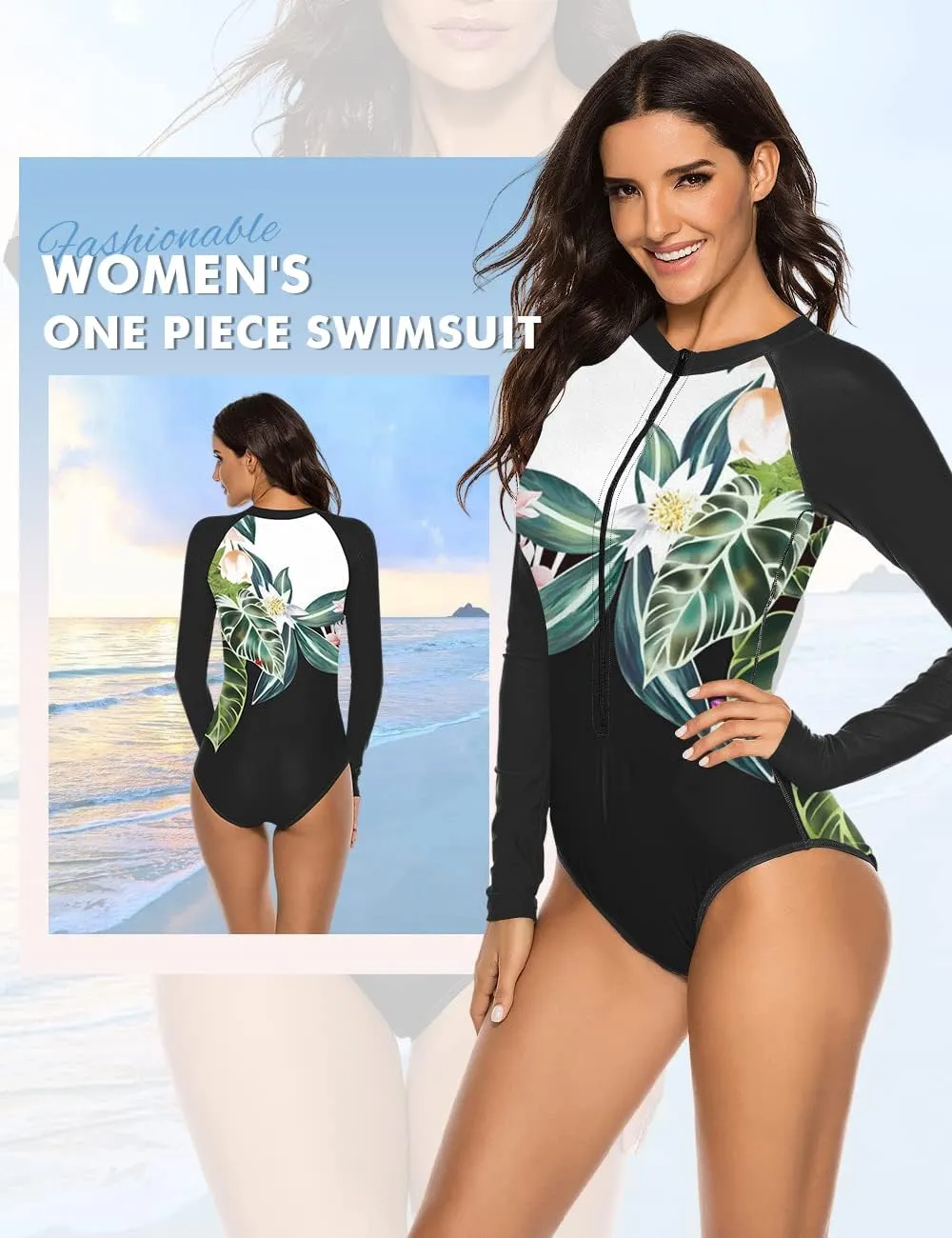 SELINK Women's Long Sleeve Rash Guard UV Protection Zipper Printed Surfing One Piece Swimsuit Bathing Suit