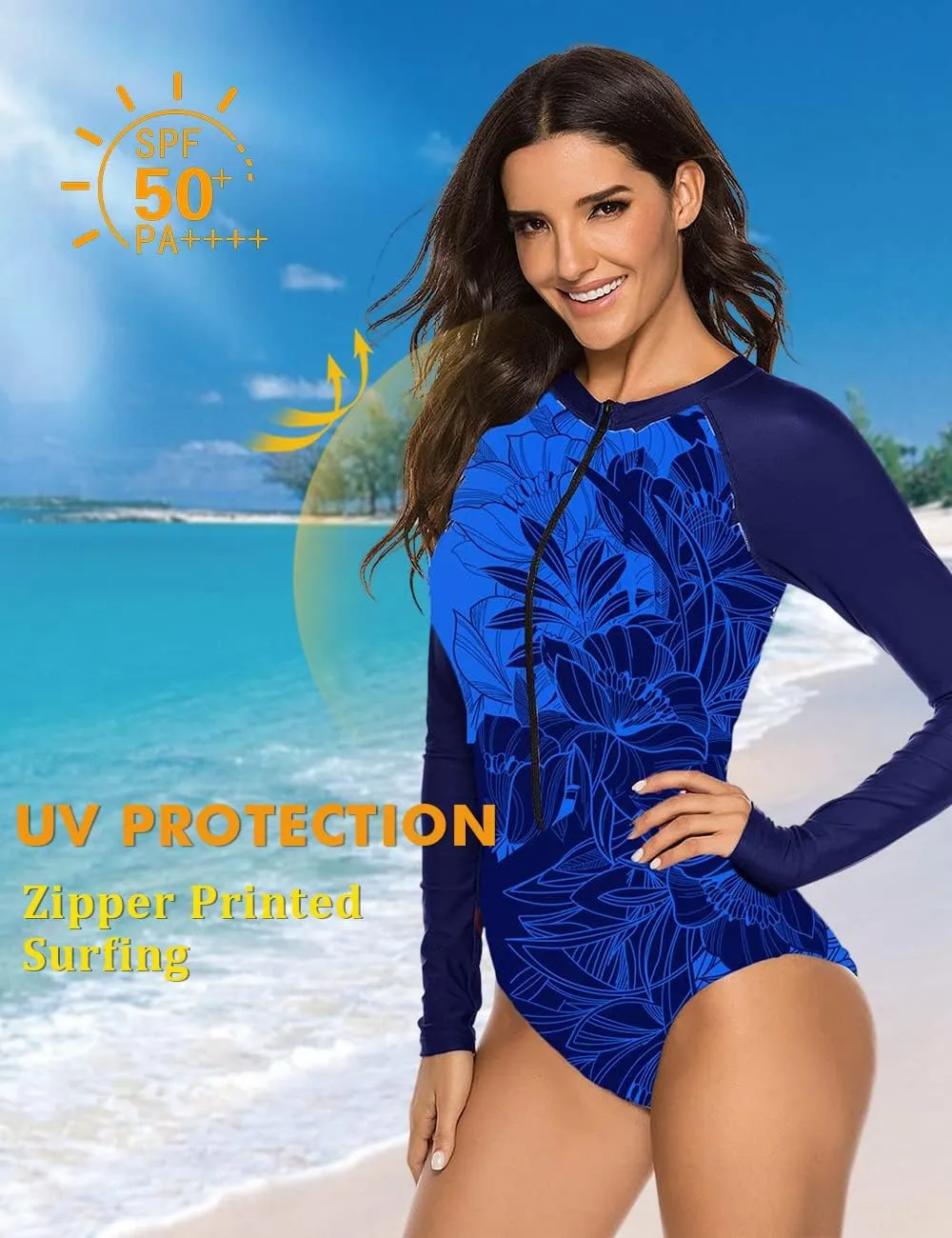 SELINK Women's Long Sleeve Rash Guard UV Protection Zipper Printed Surfing One Piece Swimsuit Bathing Suit