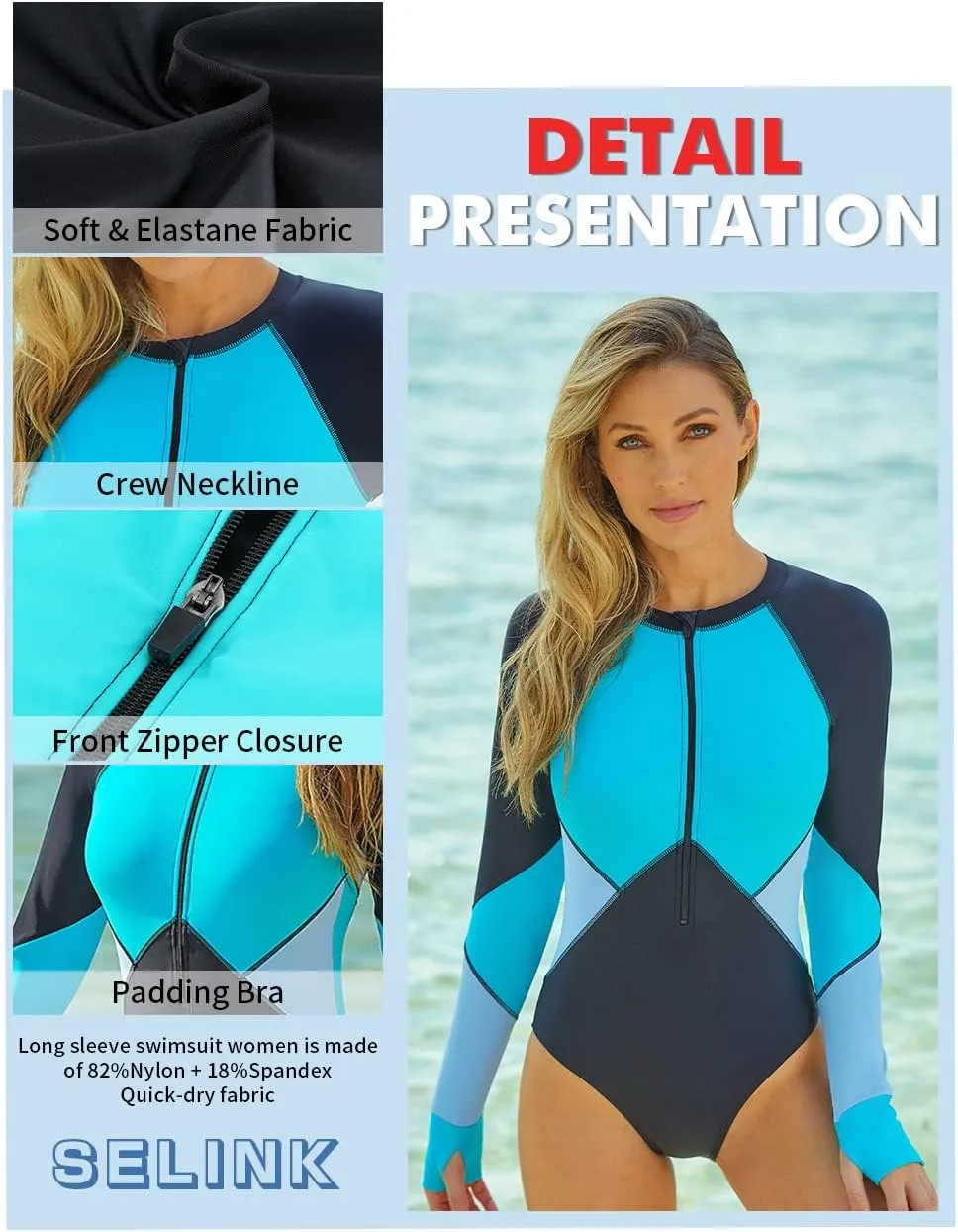SELINK Women's Long Sleeve Rash Guard UV Protection Zipper Printed Surfing One Piece Swimsuit Bathing Suit