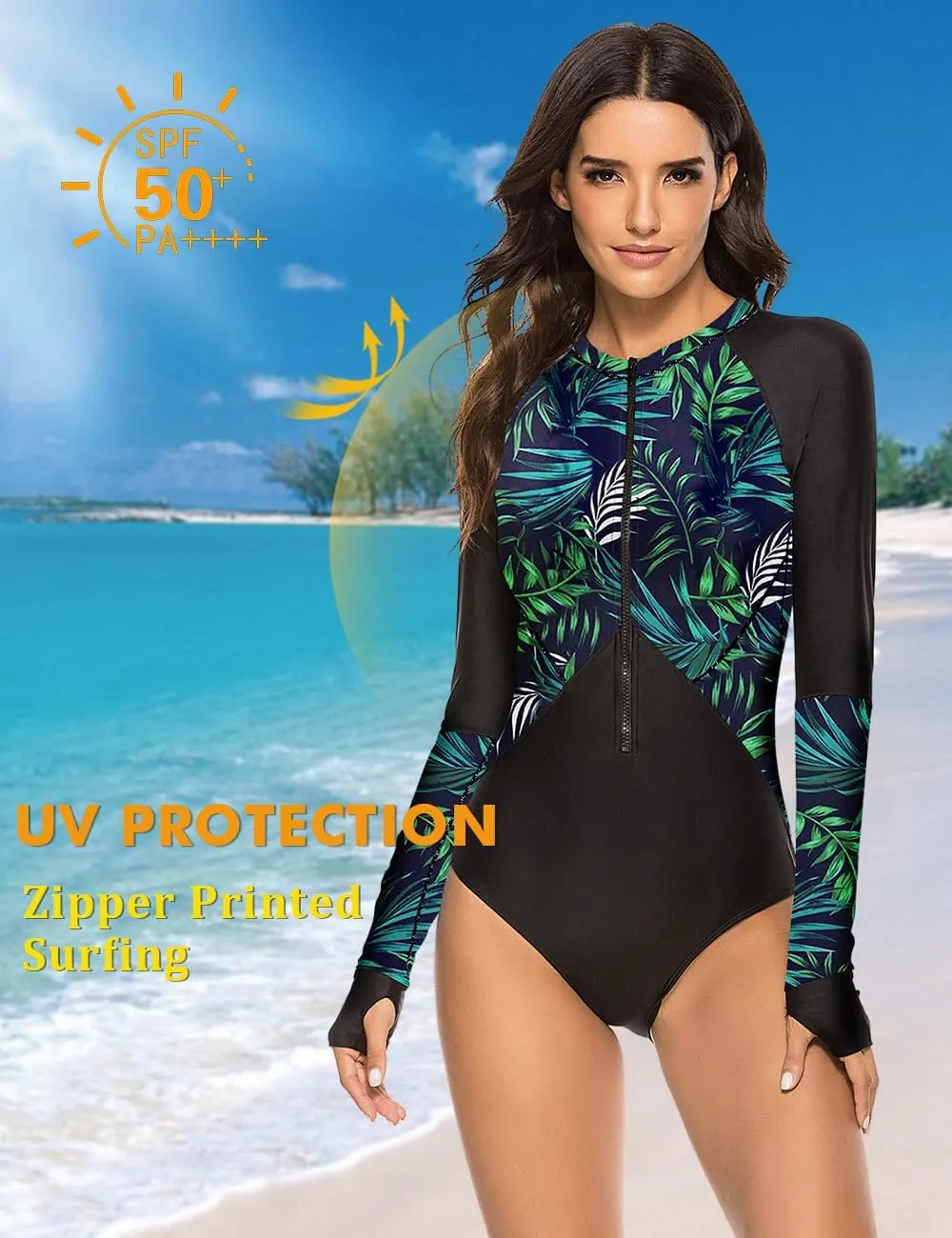 SELINK Women's Long Sleeve Rash Guard UV Protection Zipper Printed Surfing One Piece Swimsuit Bathing Suit