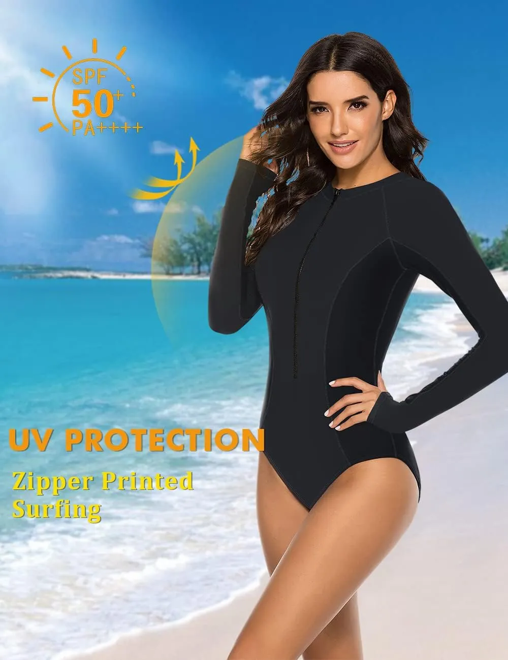 SELINK Women's Long Sleeve Rash Guard UV Protection Zipper Printed Surfing One Piece Swimsuit Bathing Suit