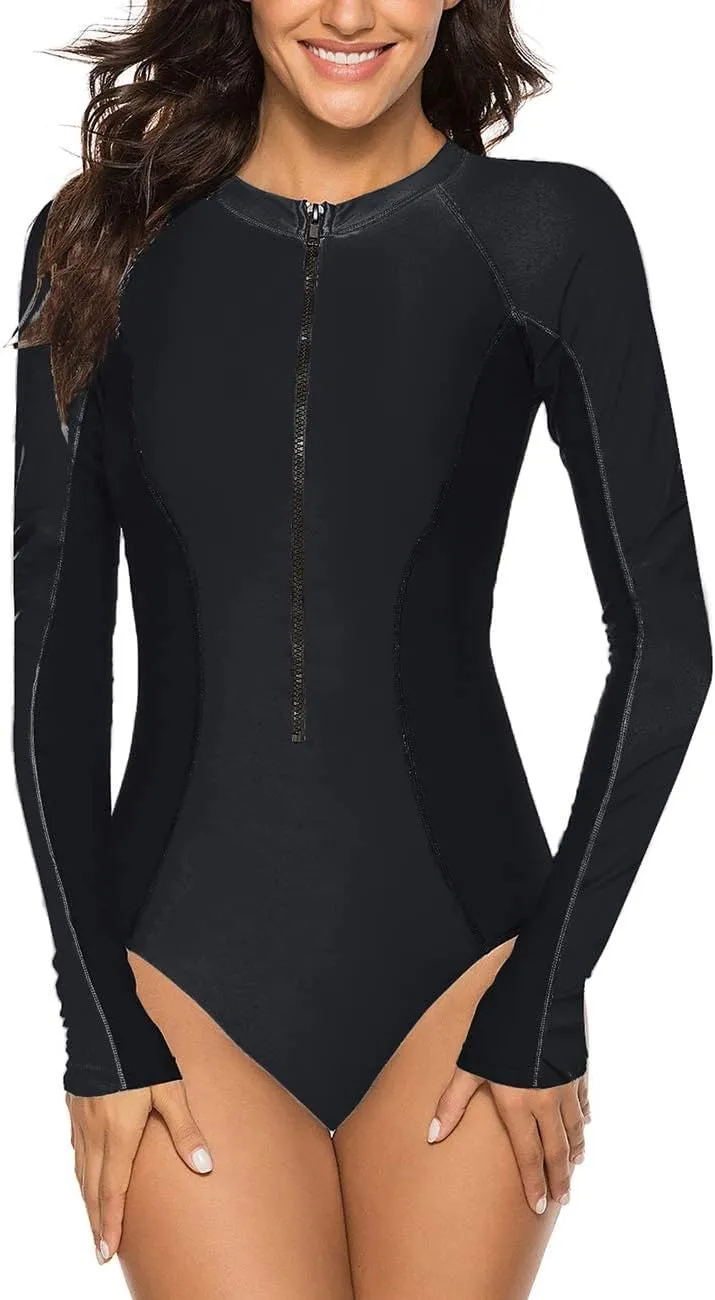 SELINK Women's Long Sleeve Rash Guard UV Protection Zipper Printed Surfing One Piece Swimsuit Bathing Suit