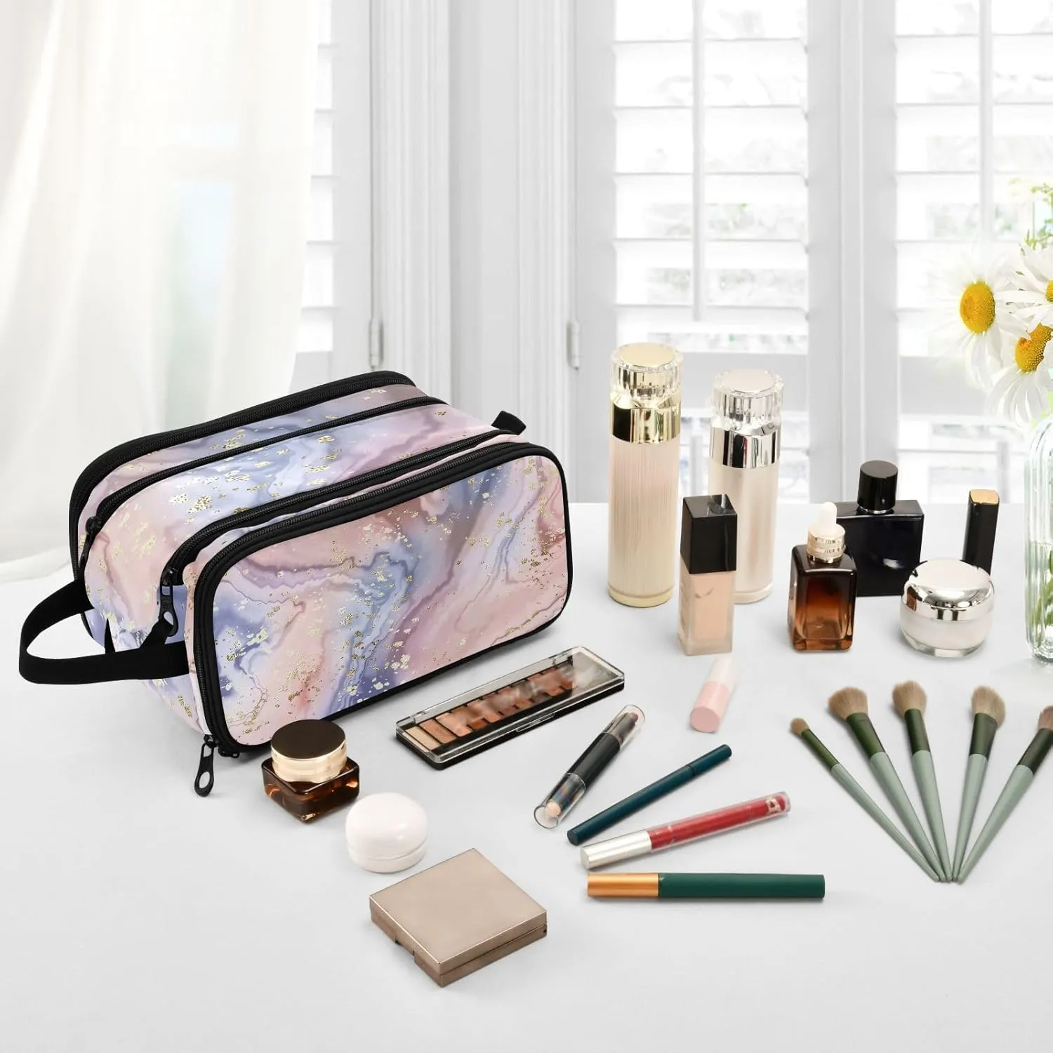 senya Marble Makeup Bag Gold Glitter Rose Marble Large Cosmetic Bag Travel Portable Toiletry Bag Case Organizer for Women Girls