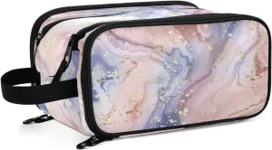 senya Marble Makeup Bag Gold Glitter Rose Marble Large Cosmetic Bag Travel Portable Toiletry Bag Case Organizer for Women Girls