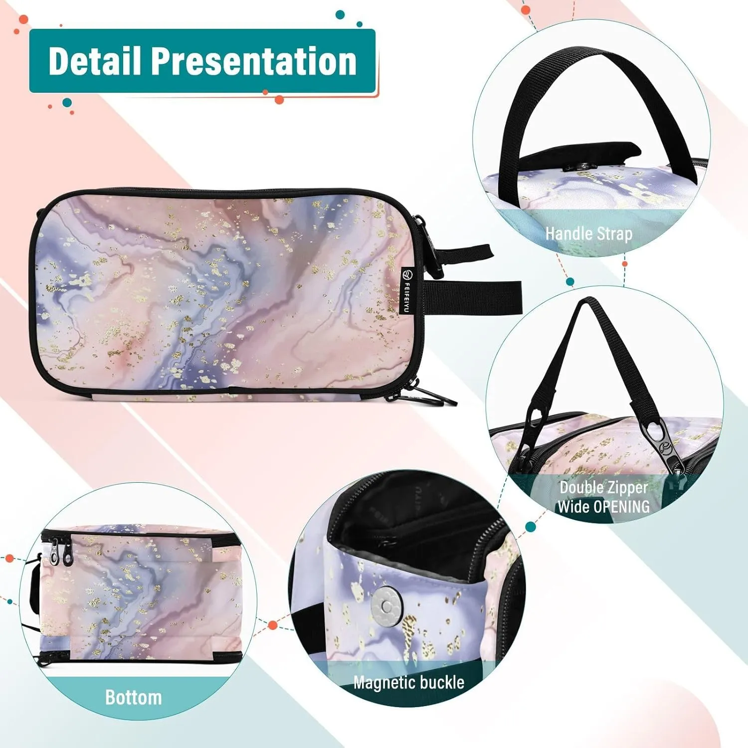 senya Marble Makeup Bag Gold Glitter Rose Marble Large Cosmetic Bag Travel Portable Toiletry Bag Case Organizer for Women Girls