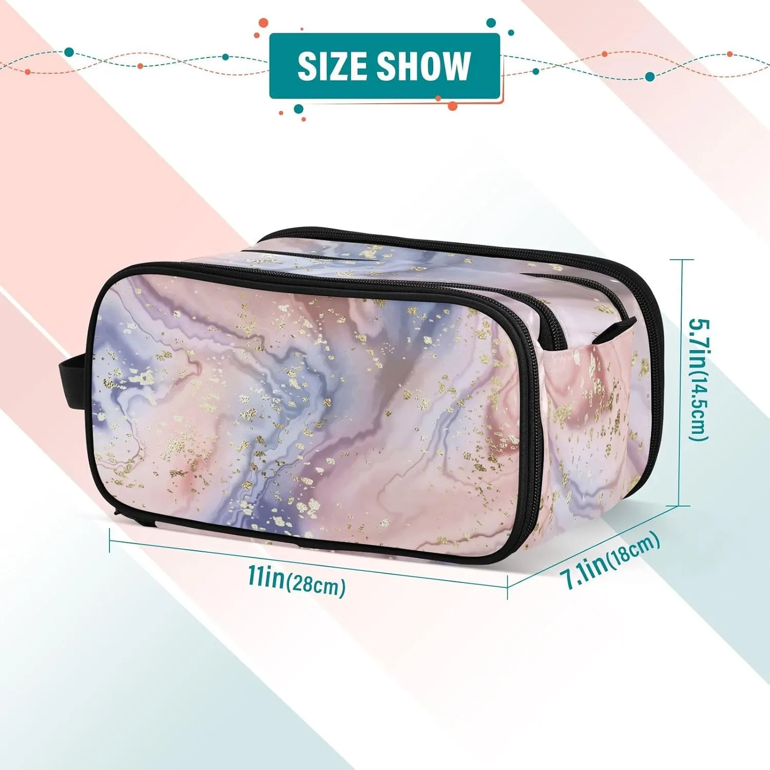 senya Marble Makeup Bag Gold Glitter Rose Marble Large Cosmetic Bag Travel Portable Toiletry Bag Case Organizer for Women Girls