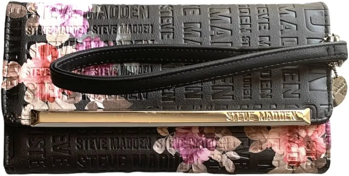 Steve Madden LOGOBAR TRIFOLD Wallet Wristlet (BLACK EMBOSSED LOGO)