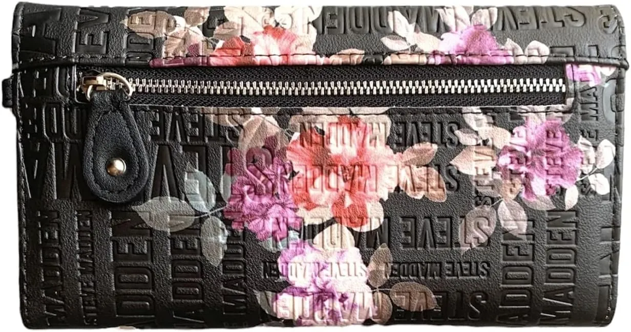 Steve Madden LOGOBAR TRIFOLD Wallet Wristlet (BLACK EMBOSSED LOGO)