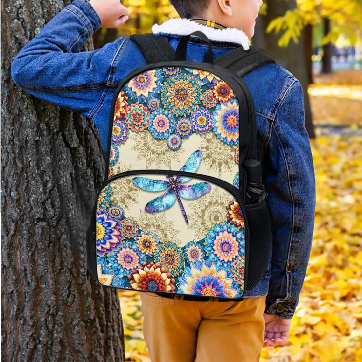 Suobstales Boho Mandala Dragonfly Print Backpack for Kids Bookbag with Lunch Box Pencil Case Set Rucksack Satchel Laptop Bags 3 In 1 School Supplies for Teens Girls