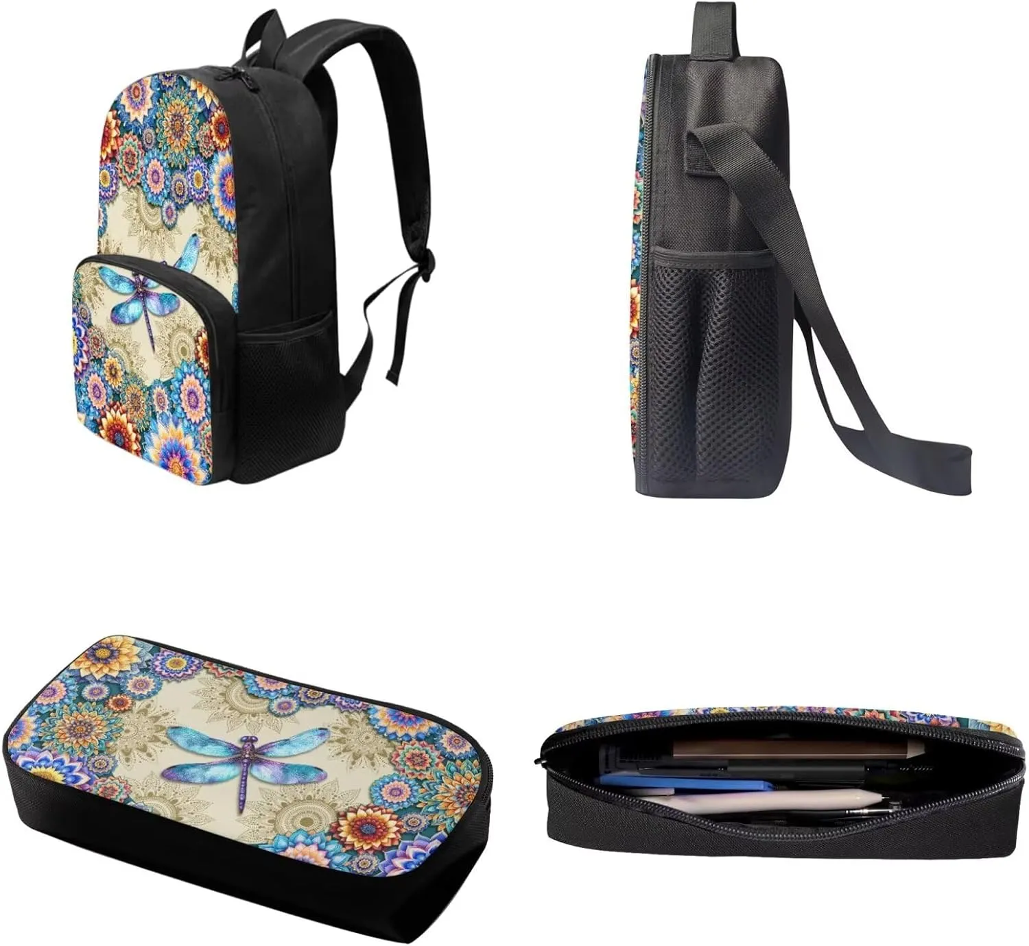Suobstales Boho Mandala Dragonfly Print Backpack for Kids Bookbag with Lunch Box Pencil Case Set Rucksack Satchel Laptop Bags 3 In 1 School Supplies for Teens Girls