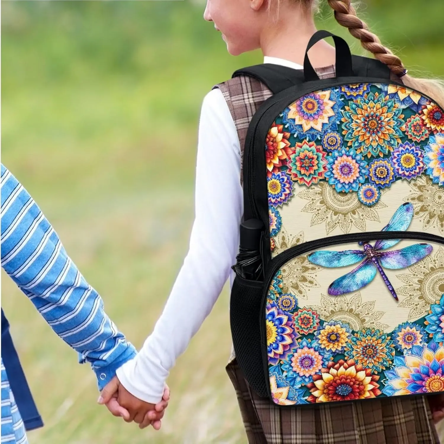 Suobstales Boho Mandala Dragonfly Print Backpack for Kids Bookbag with Lunch Box Pencil Case Set Rucksack Satchel Laptop Bags 3 In 1 School Supplies for Teens Girls