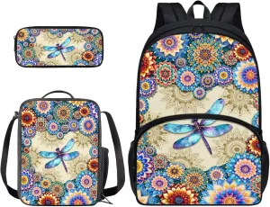 Suobstales Boho Mandala Dragonfly Print Backpack for Kids Bookbag with Lunch Box Pencil Case Set Rucksack Satchel Laptop Bags 3 In 1 School Supplies for Teens Girls