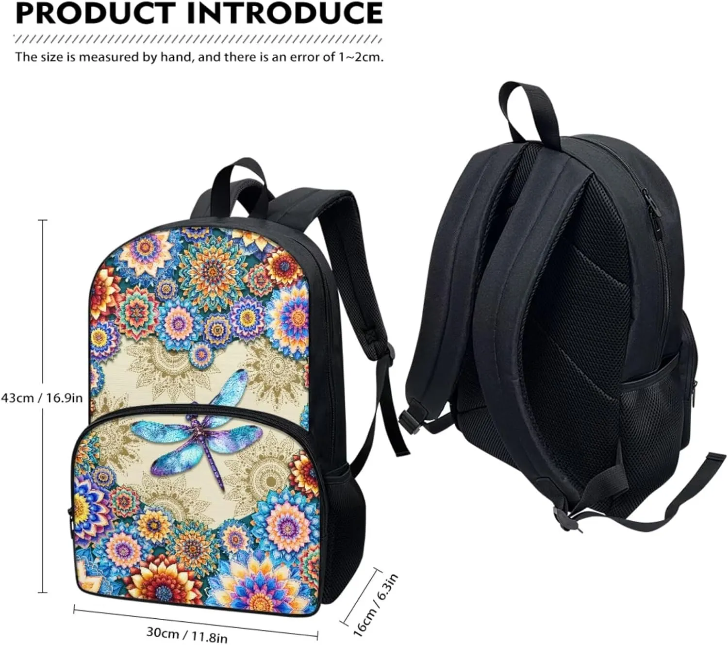 Suobstales Boho Mandala Dragonfly Print Backpack for Kids Bookbag with Lunch Box Pencil Case Set Rucksack Satchel Laptop Bags 3 In 1 School Supplies for Teens Girls