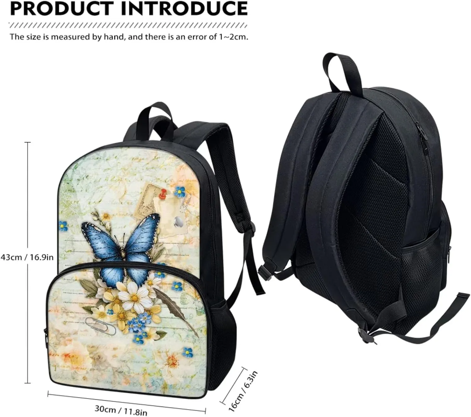 Suobstales Butterfly Daisy Letter Print School Backpack Set with Lunch Box and Pencil Case for Primary Elementary Teens Girls, Lightweight Children Teens School Bookbag, Set 3 in 1