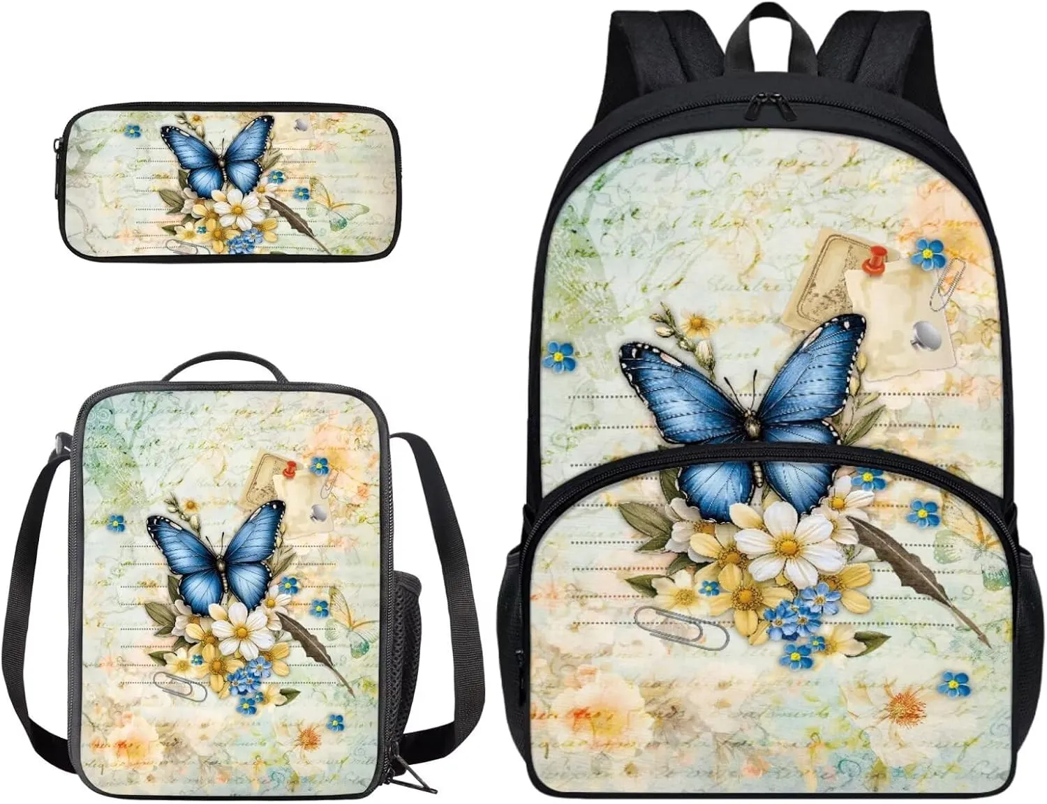 Suobstales Butterfly Daisy Letter Print School Backpack Set with Lunch Box and Pencil Case for Primary Elementary Teens Girls, Lightweight Children Teens School Bookbag, Set 3 in 1