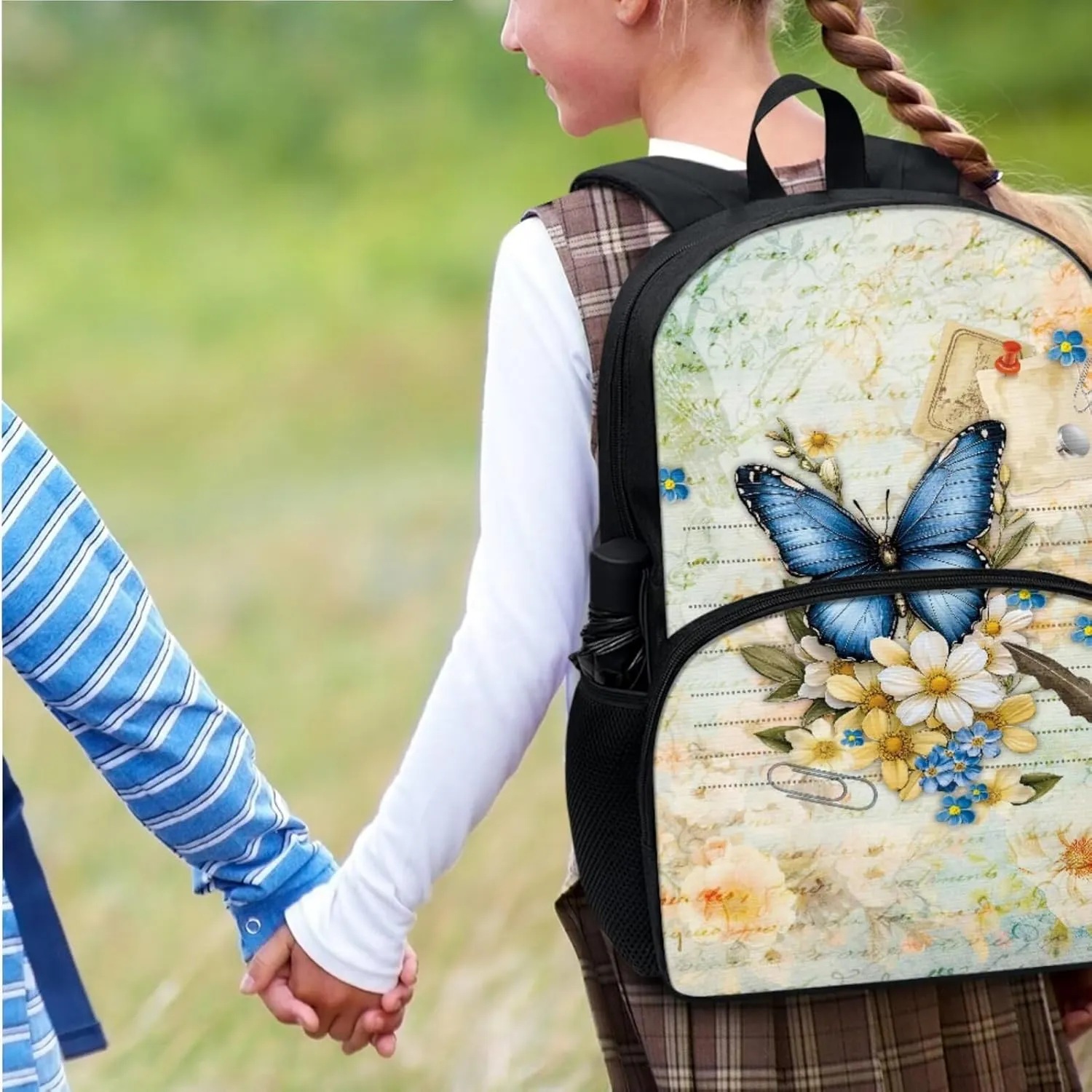 Suobstales Butterfly Daisy Letter Print School Backpack Set with Lunch Box and Pencil Case for Primary Elementary Teens Girls, Lightweight Children Teens School Bookbag, Set 3 in 1