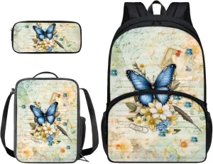 Suobstales Butterfly Daisy Letter Print School Backpack Set with Lunch Box and Pencil Case for Primary Elementary Teens Girls, Lightweight Children Teens School Bookbag, Set 3 in 1