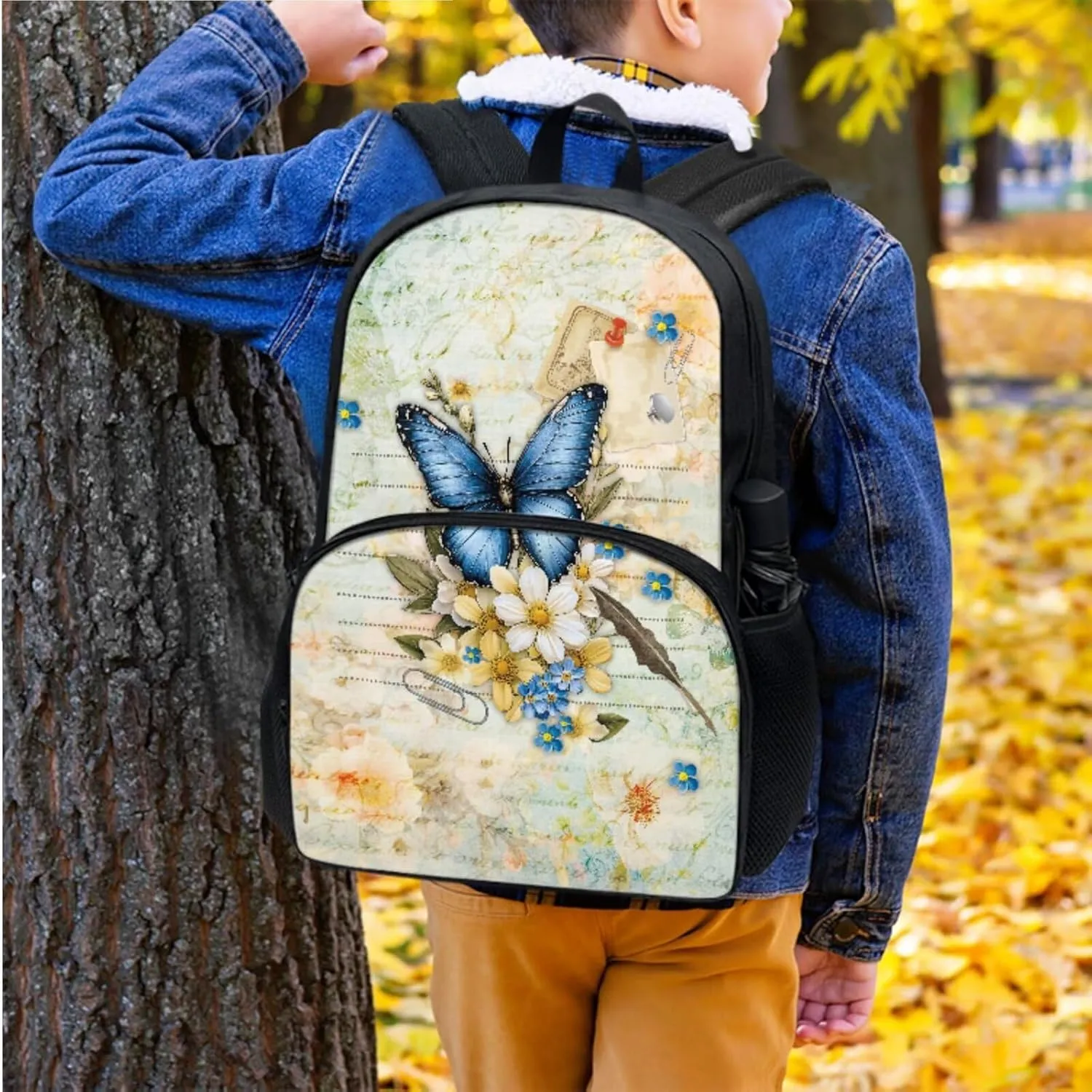 Suobstales Butterfly Daisy Letter Print School Backpack Set with Lunch Box and Pencil Case for Primary Elementary Teens Girls, Lightweight Children Teens School Bookbag, Set 3 in 1